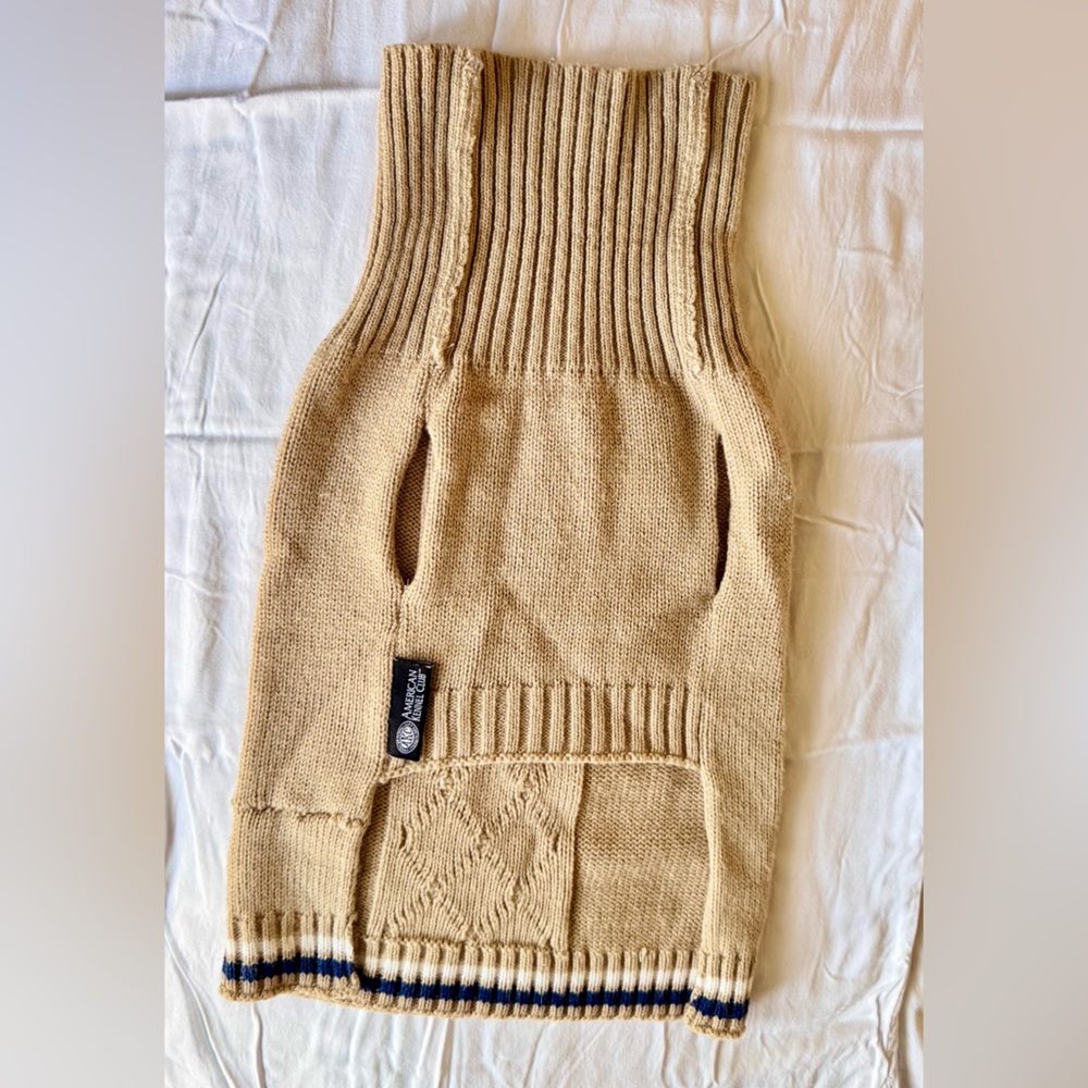 Tan Cable Knit Dog Sweater w Blue & White Stripes & Turtleneck - Picture 4 of 13